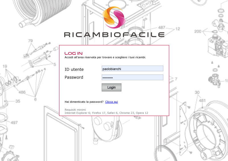 RICAMBIO FACILE Pagina Login in gestione magazzini ricambi